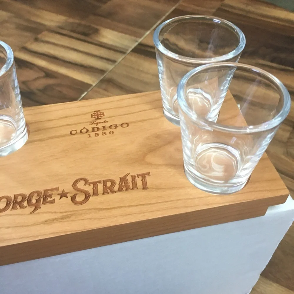 5 George Strait Codigo 1530 Tequila Shot Glasses W/ Wood Tray Bag/VIP Lanyard